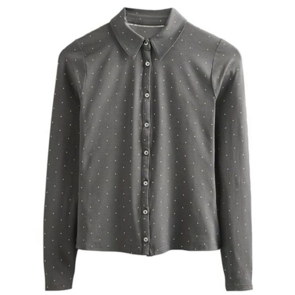 Boden Fitted Gray Green & Metallic Gold Polka Dot  Print Jersey Knit Shirt - 6